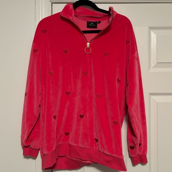 Lazy Oaf Pink Velour Heart Fleece - Picture 1 of 7